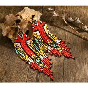 Handmade Long Beaded Tassel Earrings Large Native Bohemian Beaded Fringe Drop Ea